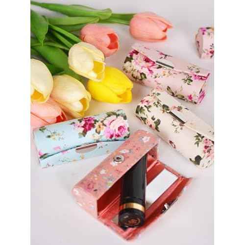 12 Pcs Lipstick Case with Mirror Floral Design Lipstick Holder Flower Printing Lip Stick Box (Pattern A)