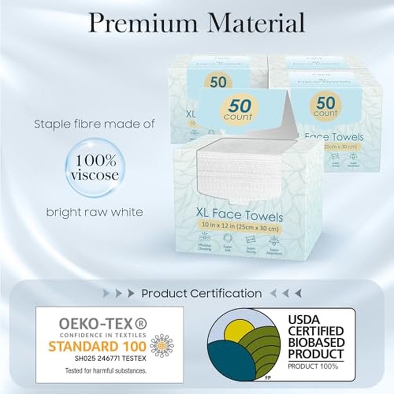 200 Count (4 Box) XL Disposable Face Towels 10¡± x 12¡±, 100% Viscose Fibre, Soft & Skin Friendly Face Towelettes Disposable, Facial Tissue Wipes for Women Cleansing