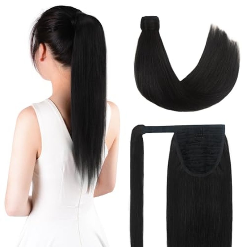 22 Inch Human Hair Ponytail 90g Long Wrap Around Ponytail Natural Black Real Hair Ponytail Extension for Women(22inch,Natural Black)