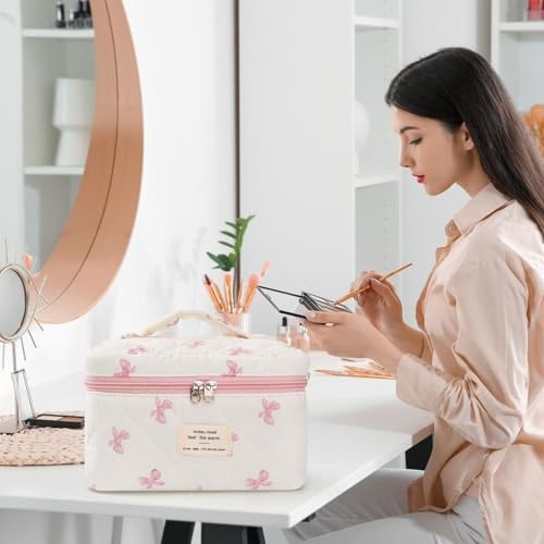 Large Travel Quilted Makeup Bag£¬Cute Bow Cotton cosmetic bag, Fashionable aesthetic makeup bag,Coquette Aesthetic Floral Travel Toiletry Bag for Women and Girls
