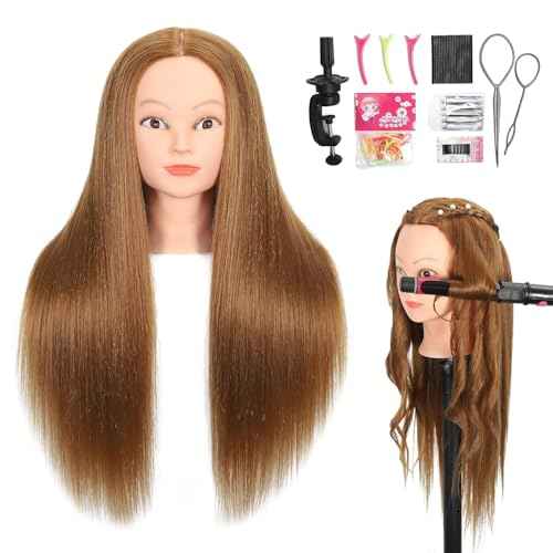 Mannequin Head with 80% Real Human Hair 26''-28"Cosmetology Mannequin Doll Head to Practice Hair Styles Hairdresser Practice Braiding Head(27# Light Brown)