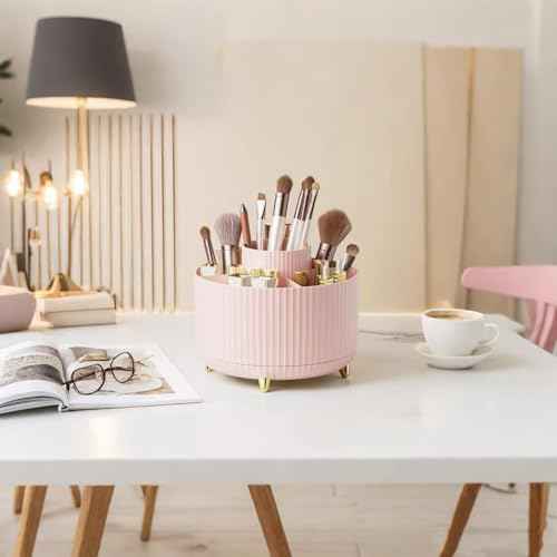 360 Degree Rotating Desktop Organizer, Makeup Brushes, Pencils, Desktop Stationery Storage Rotating Rack, Premium Plastic Organizer For Office, School And Home (5 Slots, Pink)