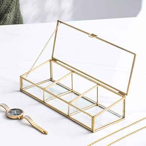Golden Vintage Glass Lidded Box Clear Glass & Brass Metal Storage Jewelry and Cosmetic Makeup Organizer with Lid Beauty Display, Rectangle with 3 Compartment