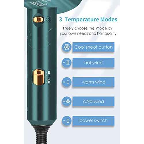 Professional Ionic Hair Dryer Blow Dryer with Diffuser and Concentrator for Curly Hair,Foldable Handle Travel Hair Dryer,Constant Temperature Hair Care (Vintage Green)