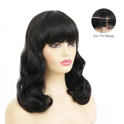 Black Finger Wave Wigs for Women Long Curly Black Wigs with Bangs 1920s Women Vintage Hair Halloween Cosplay Party Costume Wig