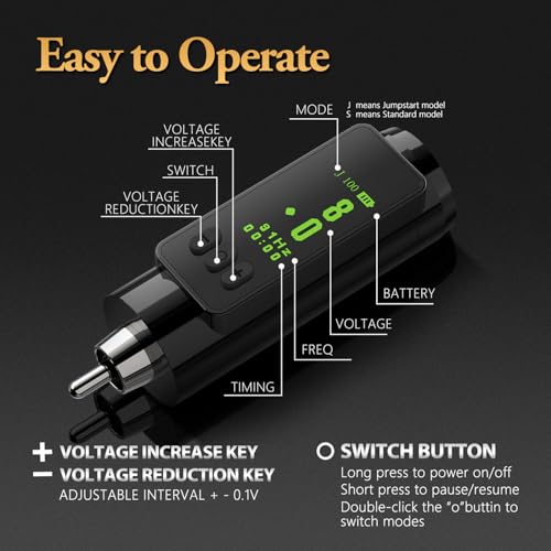 Tattoo Power Supply - Ambition Mini Wireless Portable RCA Tattoo 1200mAh Battery Pack with LED Digital Display for Rotary Tattoo Machine