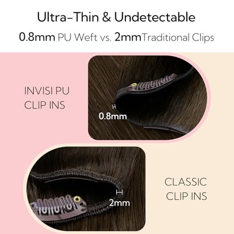HOTBANANA Invisi Edge Clip in Hair Extensions, 16inch 130g Injected Seamless Clip in Extensions 7Pcs Dark Brown Real Human Hair PU Hair Extensions