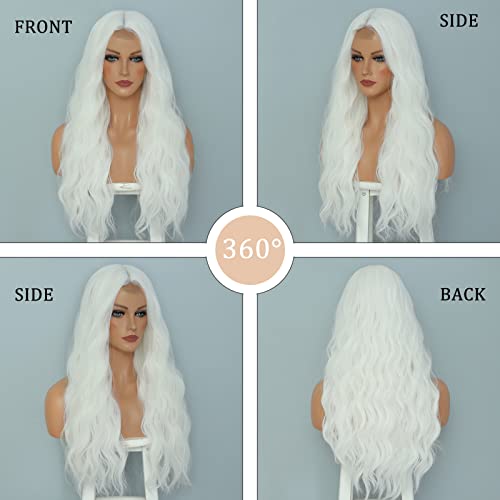 White Wig - Long White Wavy Wigs for Women Middle Part Cosplay Wigs 26 inch Natural Curly Synthetic Wig Heat Resistant Fiber Wigs for Daily Party Use