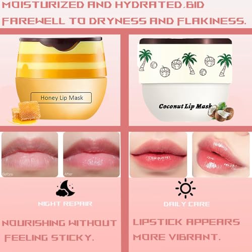 4 PCS Bee Lip Balm Honey Pot, Honey Strawberry Cherry Coconut Sleeping Lip Mask Overnight with Sticks, Exfoliating Prevention Dry and Crack Lip Scrubs