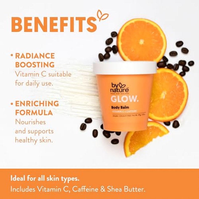 By Nature Glow Vitamin C + Caffeine Body Balm for Dark Spots ? Hydrating Skin Moisturizer with Whipped Shea Butter ? Vegan, Cruelty-Free, Made in New Zealand (6.8 oz)