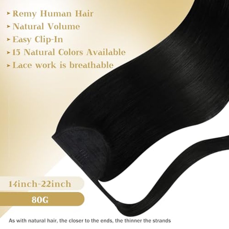 Ve Sunny Ponytail Extension Real Human Hair for Women Clip in Ponytail Hair Extension Straight Hair Pieces Wrap Around Jet Black 20inch 80G