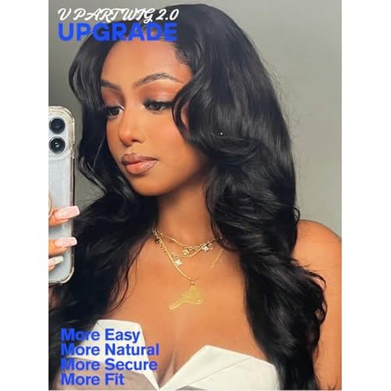 Nadula Yaki Wavy V Part Drawstring Wig Human hair with Blow Out Bangs, Glueless EasiContour Vpart Wigs No Leave Out Beginner Friendly Clip In V Shape Wigs Upgrade Wavy U Part Wig 150% Density 16inch