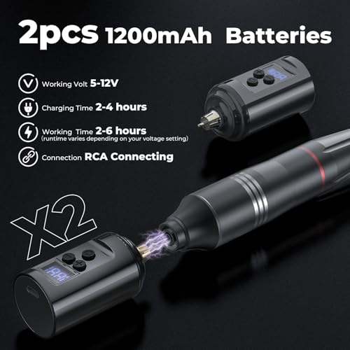 Wireless Tattoo Kit for Beginners - Tattoo Machine with 2pcs 1200 mAh Capacity Power Supply, Tattoo Pen Kit with 10Pcs Tattoo Cartridge Needles Transfer Papers and 3mm Tatoo Practice Skin