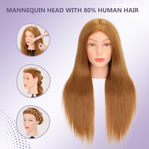 Mannequin Head with 80% Human Hair Cosmetology Practice Doll Head for Braiding Cutting Styling 26-28¡± Manikin Head with Tools and Tripod Stand (Blonde)