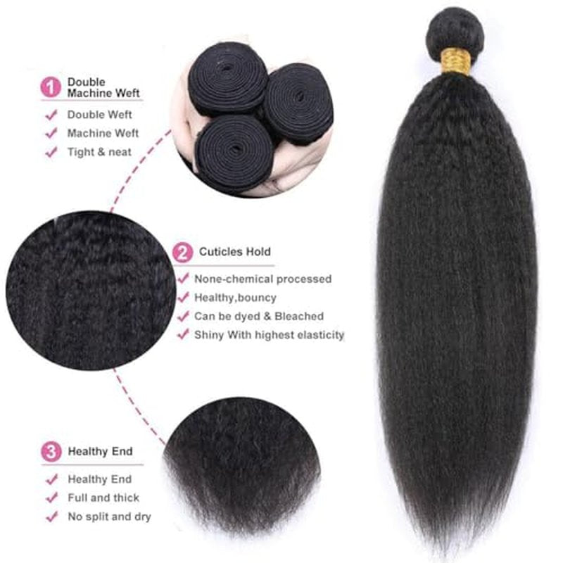 Hair Bundles 12A Yaki Kinky Straight Human Hair 3 Bundles 100% Unprocessed Mongolian Virgin Human Hair Kinky Straight Bundles Yaki Hair Natural Color (20 22 24)