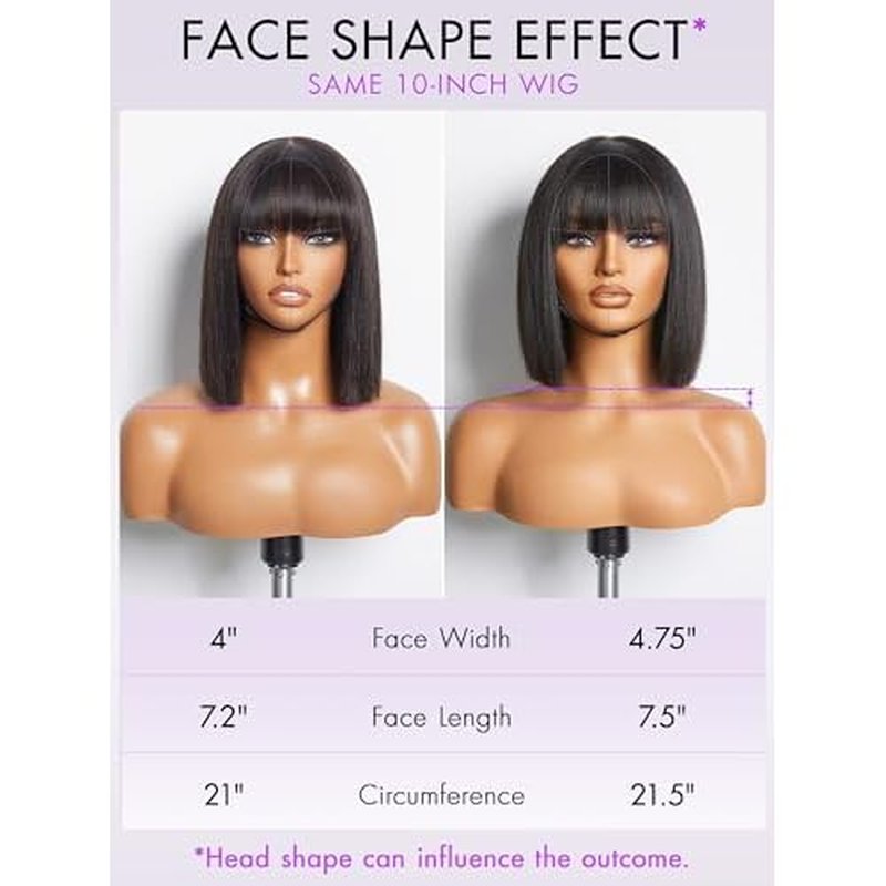 LUVME HAIR 10 Inch Light Yaki Straight Bob Wig with Bangs Human Hair Realistic HD Lace Short Black Bob Wigs, Ready to Go Blunt Cut Bob Wig Glueless 180 Density