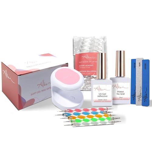 Allkem Soft Gel Nail Extensions Kit - Complete DIY Nail Set with UV Lamp, Short Almond & Medium Ballerina Gel Tips, Nail Files, Adhesive & Dotting Tool - Perfect Manicure at Home