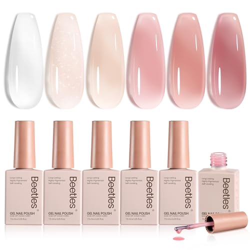 beetles Gel Polish Whispers of Love Jelly Gel Nail Polish Set - 6 Colors Milky White Nude Pink Neutral Sheer Translucent Soak Off UV Gel Nail Kit, Nail Concealer for Salon DIY Manicure Gift for Women