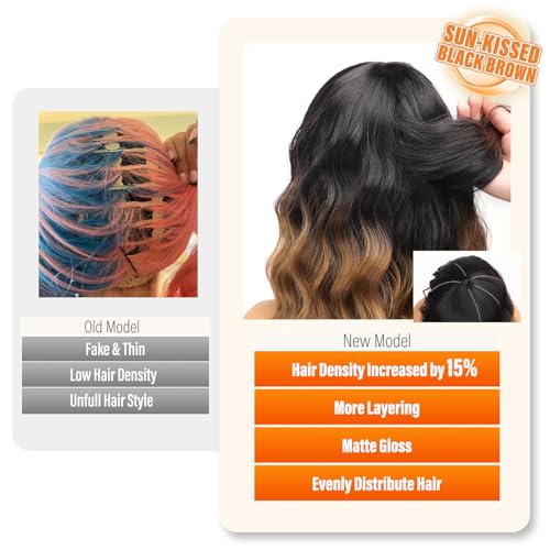 Nnzes Short Wavy Wig with Bangs for Women Shoulder Length Bob Curly Women's Charming Synthetic Wigs with Natural Wavy Black To Brown Heat Resistant Hair for Daily Party Use