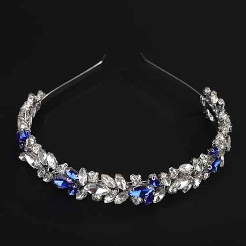 Blue and Silver Rhinestone Headband Crystal Rhinestone Hairband Silver Wedding Hair Accessories Teardrop Rhinestone Wedding Headband for Women