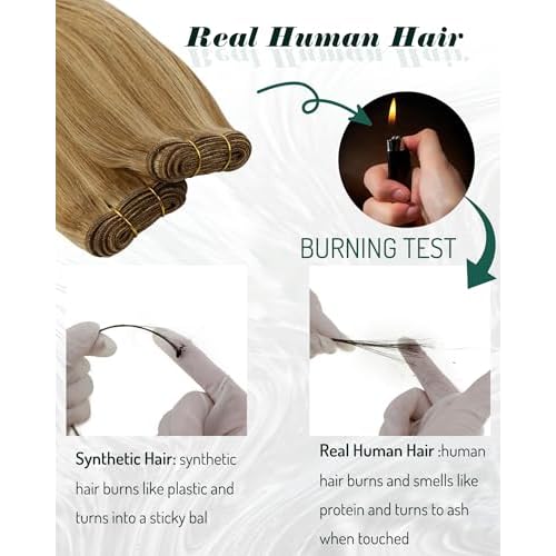 RUNATURE Weft Hair Extensions Human Hair Dark Blonde with Light Blonde Weft Human Hair Extensions Straight Sew in Hair Extension Real Human Hair Wefts Sew in Bundles Human Hair Weaving 14 Inch 100g