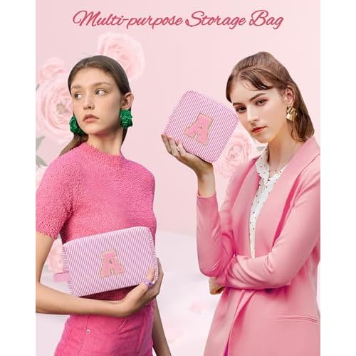 MONSTINA Initial Makeup Bags for Women|Cosmetic Bag for Travel Toiletry - Birthday Gifts for 11 12 13 14 15 16 17 18 Years Old Girls- Graduation Teen Girl Gifts Trendy Stuff Teacher Gift,2PCS,Pink S