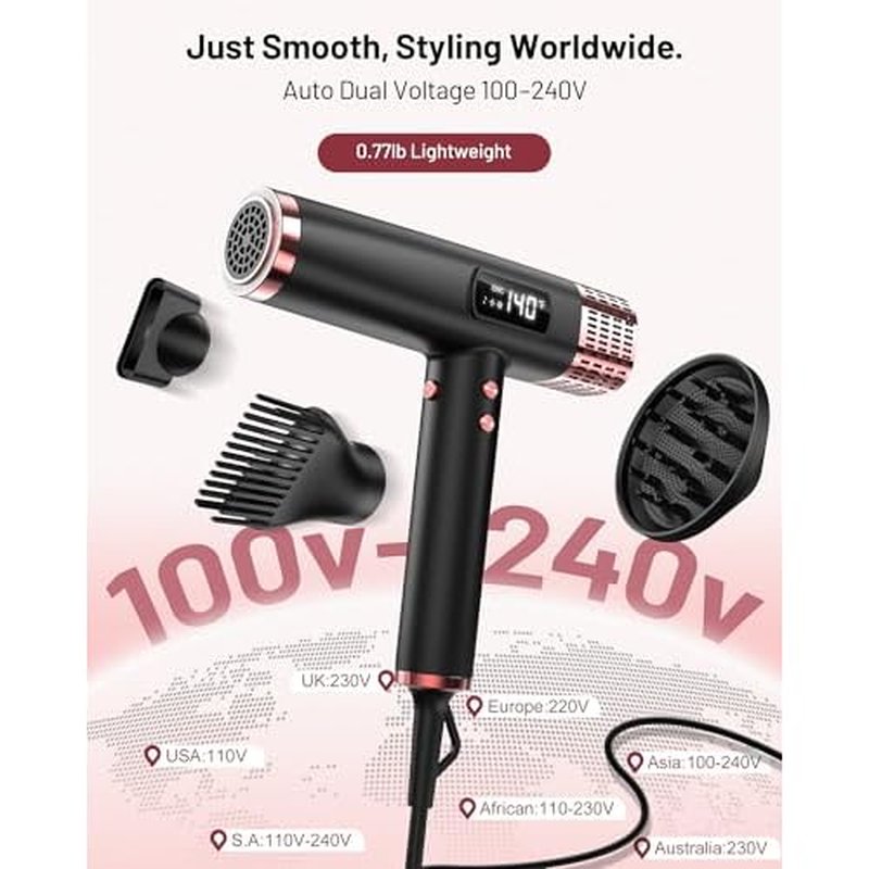 Dual Voltage Ionic Hair Dryer with Diffuser - 1875W High-Speed Blow Dryer for Women, Fast Drying, No Heat Damage, Low Noise, Lightweight, European Travel 110V-120V/220V-240V, Gifts for Women