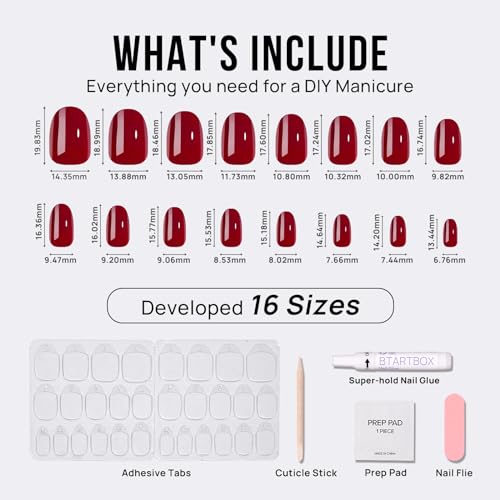 BTArtbox Press On Nails Short - Red Press on Nails Short Oval Nails Fall Fake Nail with Nail Glue, Fit Perfectly, Reusable Glue On Nails in 16 Sizes, Cardinal