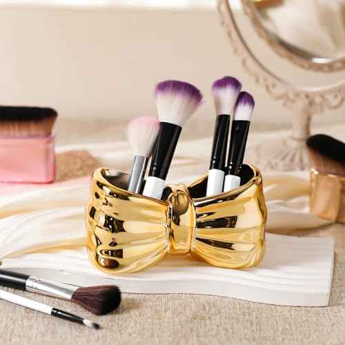 Chunful Gold Bow Toothbrush Holder Cute Ceramic Bow Shaped Toothbrush Makeup Brush Holder Organizer Comb Pen Pencil Storage Box Container Bathroom Vanity Countertop Accessories, for Bathroom Home