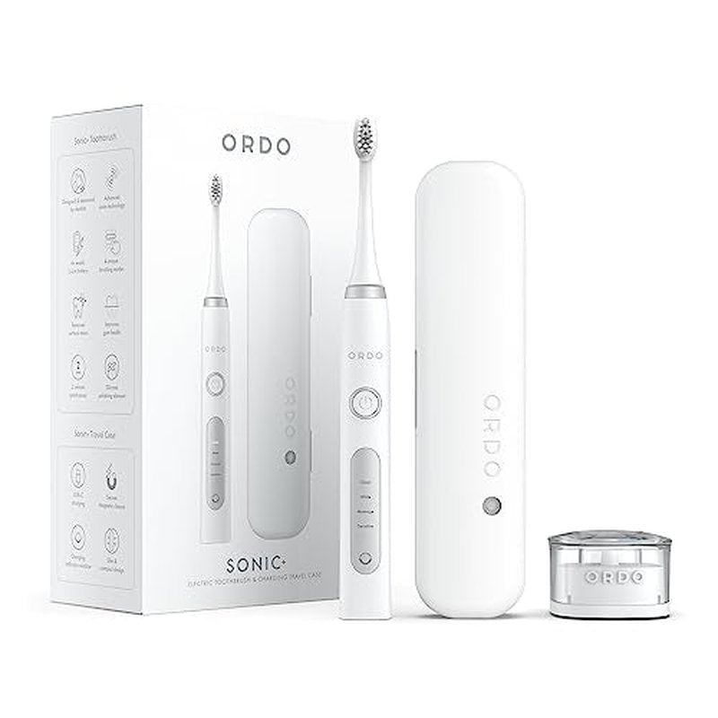 ORDO Sonic+ Electric Toothbrush with Case, Sonic Toothbrushes for Adults, Charging Travel Case, 4 Brushing Modes, Fast Rechargeable Battery, Silicone Polishing, USB Charger, White