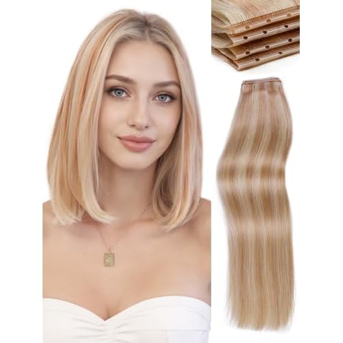 WIGNEE Double layer PU OVO Strawberry Highlight Blonde Weft Hair Extensions Human Hair with Beads 100% Real Remy Human Hair Extensions Glueless 12 Inch Weft(18/613)