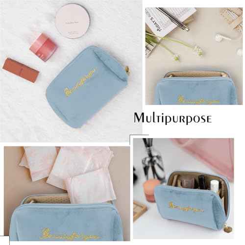 Velvet Makeup Bag, Portable Zipper Make Up Pouch, Cute Small Cosmetic Bag, Flannel Toiletry Bag, Travel Storage Bag Gifts for Women Girls(Blue)