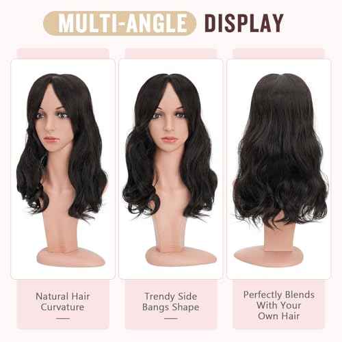 Hairro 18 Inch Long Hair Toppers Wavy with Side Bangs for Women, Clips In Synthetic Hairpieces Capless, for Adding Volume/Birthday/Party/Halloween/Cosplay Dress Up, Natural Black