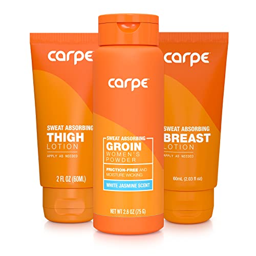 Carpe Women's Sweat Bundle Deal (1x Breast Sweat Absorbing Lotion, 1x Thigh Chafe Lotion, 1x Groin Powder) Women's Deodorant - Helps Absorb Excessive Sweat w/Odor Protection for Sensitive Lady Parts