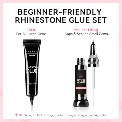 Makartt Nail Rhinestone Glue Set - Gel Nail Glue for Rhinestones, 3D Art Design Super Strong Adhesive for Charm Gems Jewel Crystal Beads Diamonds, 15ml & 8ml, Easy Use, Cured Need