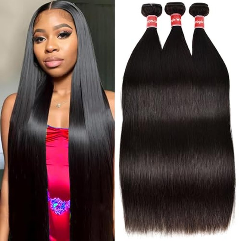 Human Hair Bundles Straight Bundles Human Hair Long Straight Weave 3 Bundles Human Hair 12A Grade 100% Unprocessed Brazilian Hair Extensions Natural Black Color 24 26 28 Inch