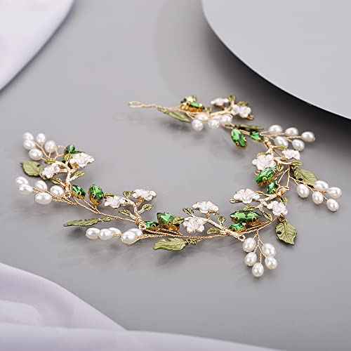 Bridal Cute Flowers Headband for Bride Bridesmaid Green leaf Crystal Hair Piece Beads Hair Vine