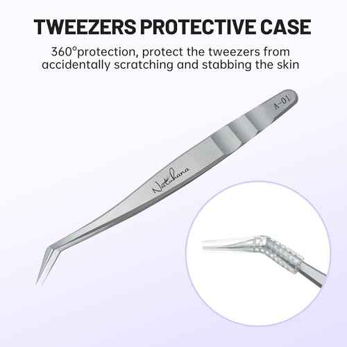 Natuhana High Precision Lash Tweezers for Individual and Volume Eyelash Extensions Premium Stainless Steel Curved Fiber Tip Professional Isolation Tweezer
