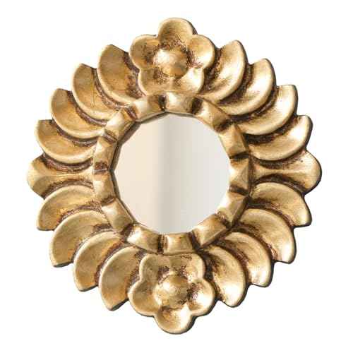 Handmade Small Gold Round Mirror 6in | Peruvian Hand-Carved Wood Hanging Mirror with Gold Leaf Finish for Wall Decor (Gold)