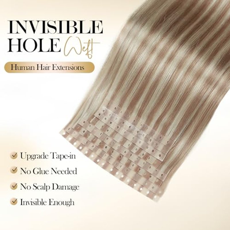 Invisible PU Hole Weft Human Hair Extensions Seamless Skin Weft Bead Hair Extensions for Women Dual-Use Tape in Weft Hair Extension 8PCS 70g 18/613 Highlight Blonde Real Human Hair (8Pcs,18 Inch)