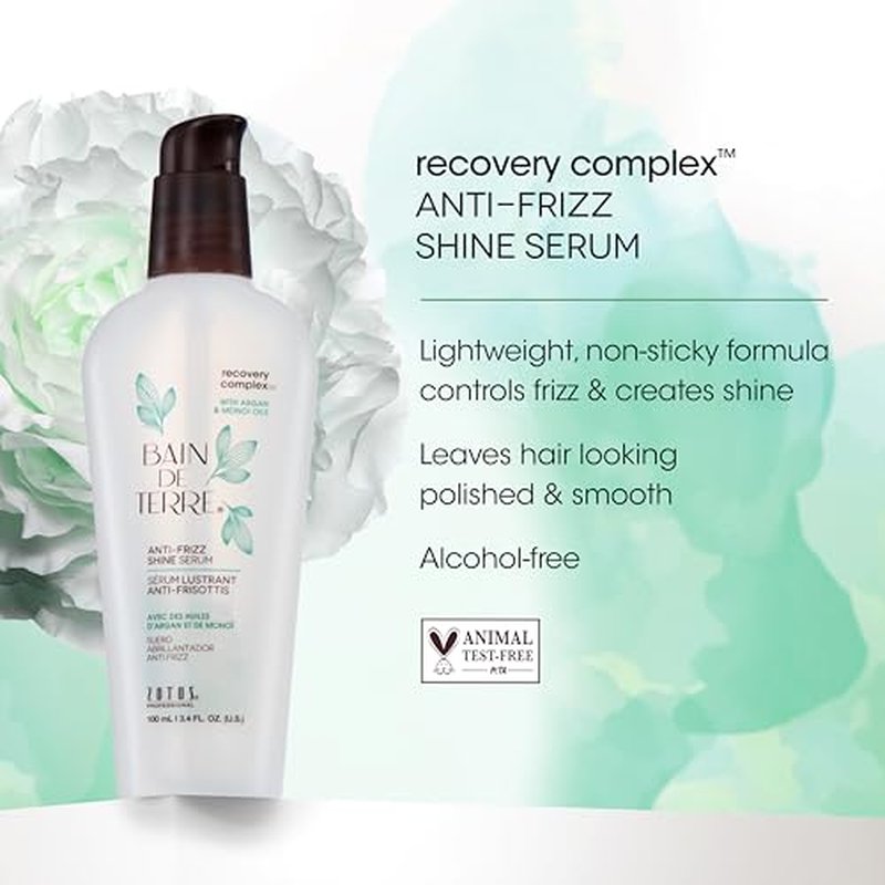 Bain de Terre Recovery Complex Anti-Frizz Shine Serum, Silky Shine & Frizz Control with Argan & Monoi Oils, Paraben-Free, Alcohol-Free, Color-Safe, Vegan