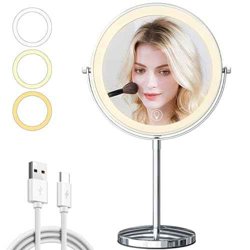 9in Makeup Mirror with Lights, 3x/20x 5000mAh Rechargeable Lighted Makeup Mirror with Magnification, 360¡Æ Rotate Magnifying Mirror,3 Color,Dimmable up,3800lux,80 LEDs,No Height Adjustment,Silvery