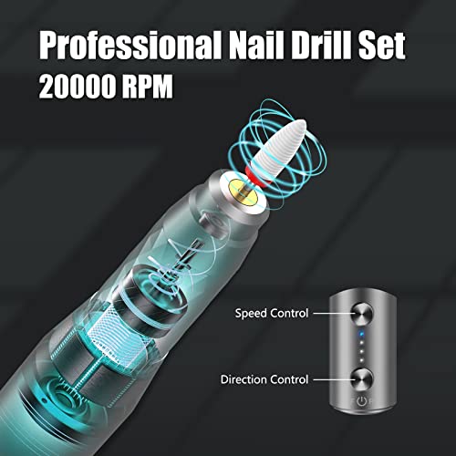 Electric Nail Drill Machine Professional, Rechargeable Cordless Nail File with Bits Kit for Acrylic Gel Dip Nails, Efile Manicure and Pedicure Kit for Home Salon Grinding Polishing Removing, Gray