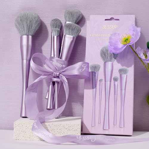 Jessup Makeup Brushes Face 5pcs, Premium Synthetic Make Up Brushes Set for Foundation Contour Blush Highlighter and Powder, Luxury Purple T514