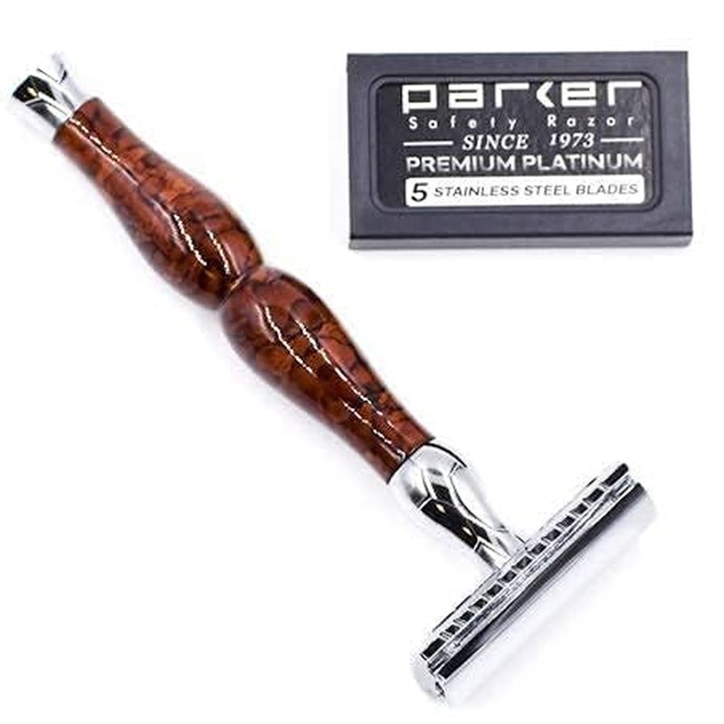 Parker Heavyweight Double Edge Safety Razor - Durable Brass Frame | 4-Inch Handle & 5 Blades Included