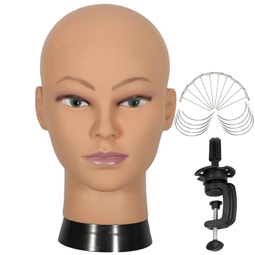 Bald Mannequin Head Stand Professional Cosmetology Wig Training Head for Wig Making and Display Hat Glasses Scarf Jewelry Model Head with Free Clamp