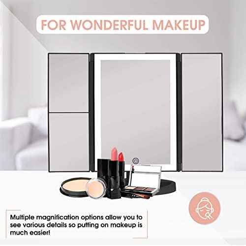 Beautyworks Backlit Makeup Vanity Mirror 36 LED Lights Touch-Screen Light Control, Tri-Fold 1/2/3X Magnification, Portable High-Definition Cosmetic Magnifying Personal Makeup Mirrors (Midnight Black)
