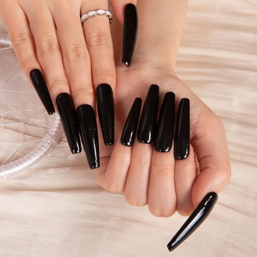 LOVFUL Press on Nails Red Sole Black Red | Handmade with Full Covered Crystals | Reusable Full Cover Nails | Coffin Mid length 1.7 in | H22-S