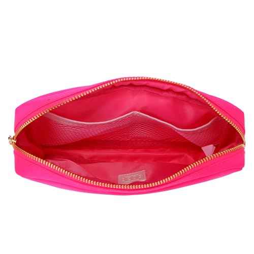 BLOC Bags Travel Makeup Bag, Cosmetic Bags for Women, Medium Cute Toiletry Bag, Make up Bag, Beauty Bag with Chenille Patch and Top Zipper, Inside Zipper Pouch and Mesh Pockets (White Heart, Hot Pink)