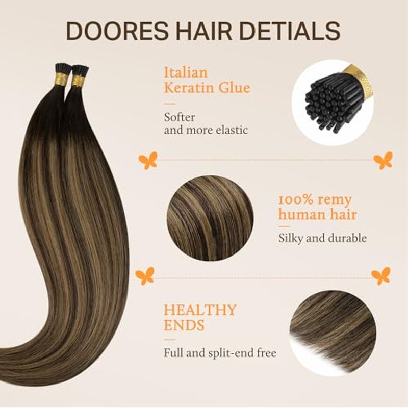 DOORES I Tip Human Hair Extensions, 100g, 22 Inch Balayage Dark Brown to Chestnut Brown, Cold Fusion Remy Hair Extensions